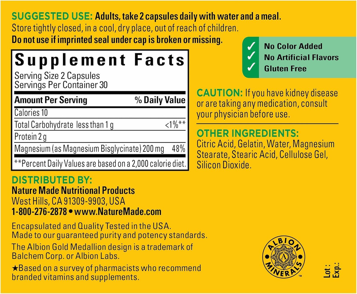 Glicinato de Magnesio 200 mg, Soporte Muscular, 60 Cápsulas