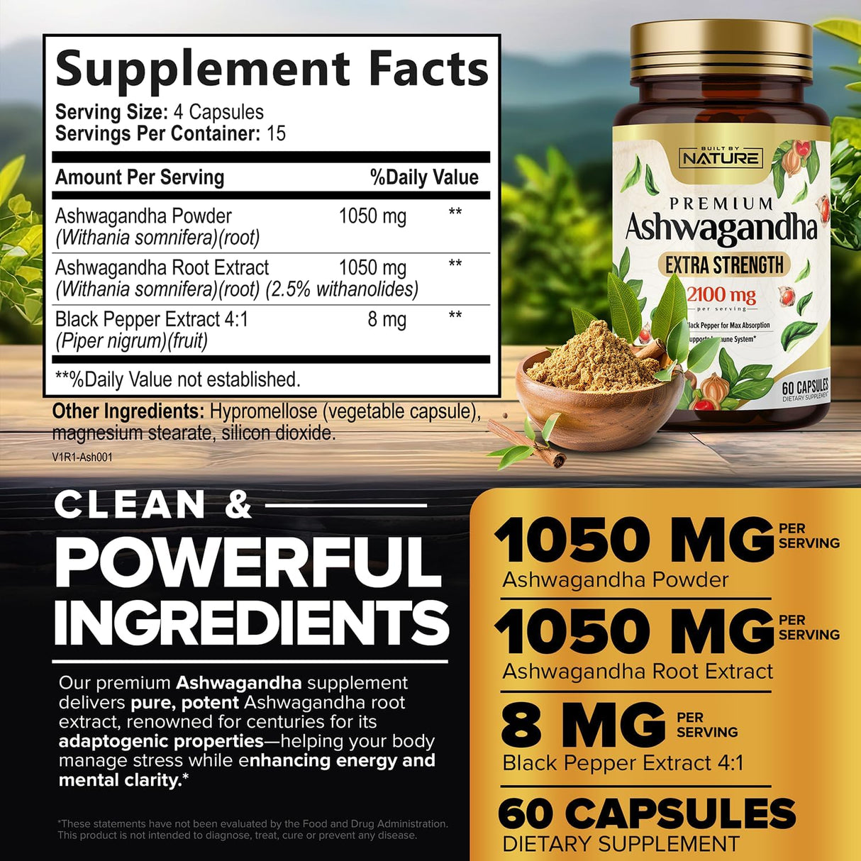 Suplemento de Ashwagandha 2100mg - Built by Nature - 60 cápsulas