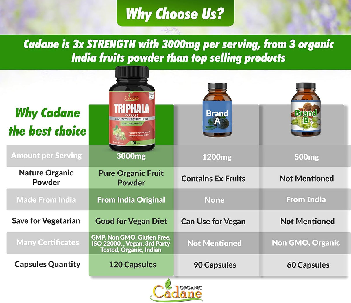 Suplemento orgánico Triphala 3 polvos de frutas 3000 mg 120u