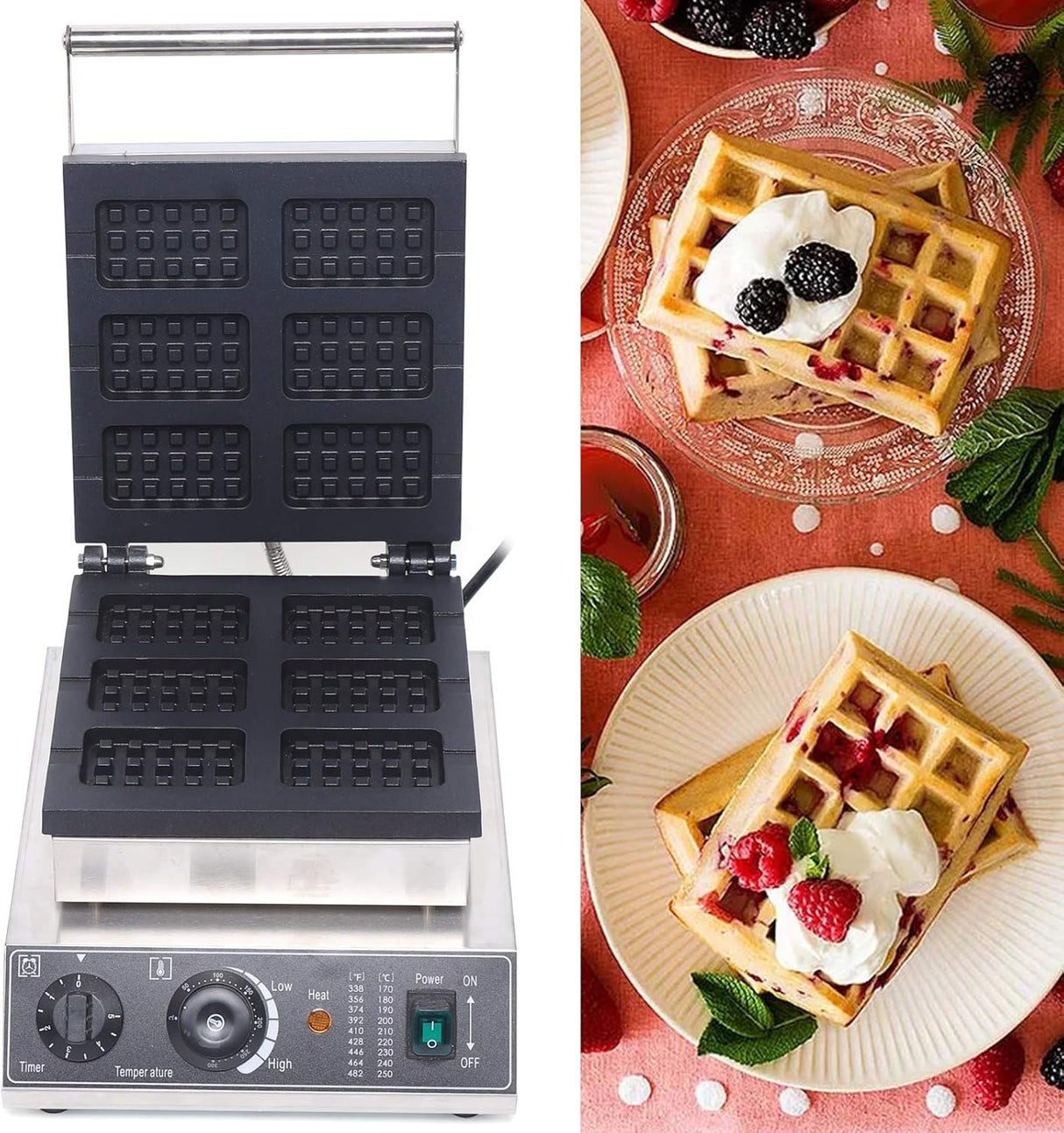 Máquina de Waffles Comercial 1500W 6 Piezas Control de Temperatura