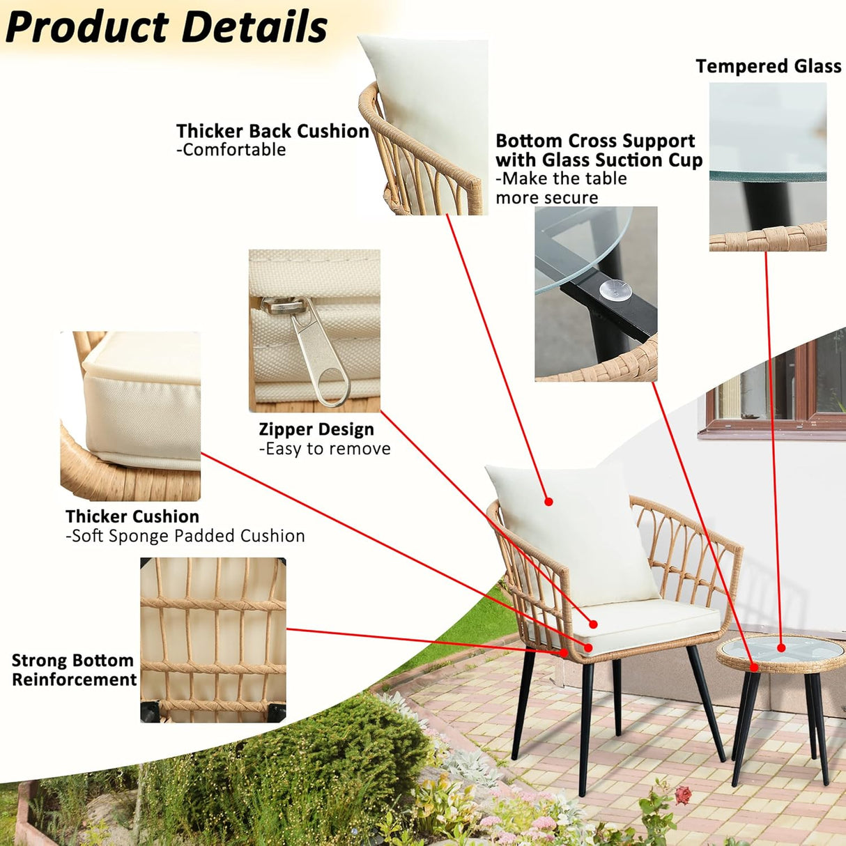 WENHAUS Juego de 3 piezas de muebles de mimbre para patio, juego de muebles de mimbre para todo tipo de clima, juego de conversación con cojines de mesa redonda para jardín, balcón, patio, porche, cubierta, beige