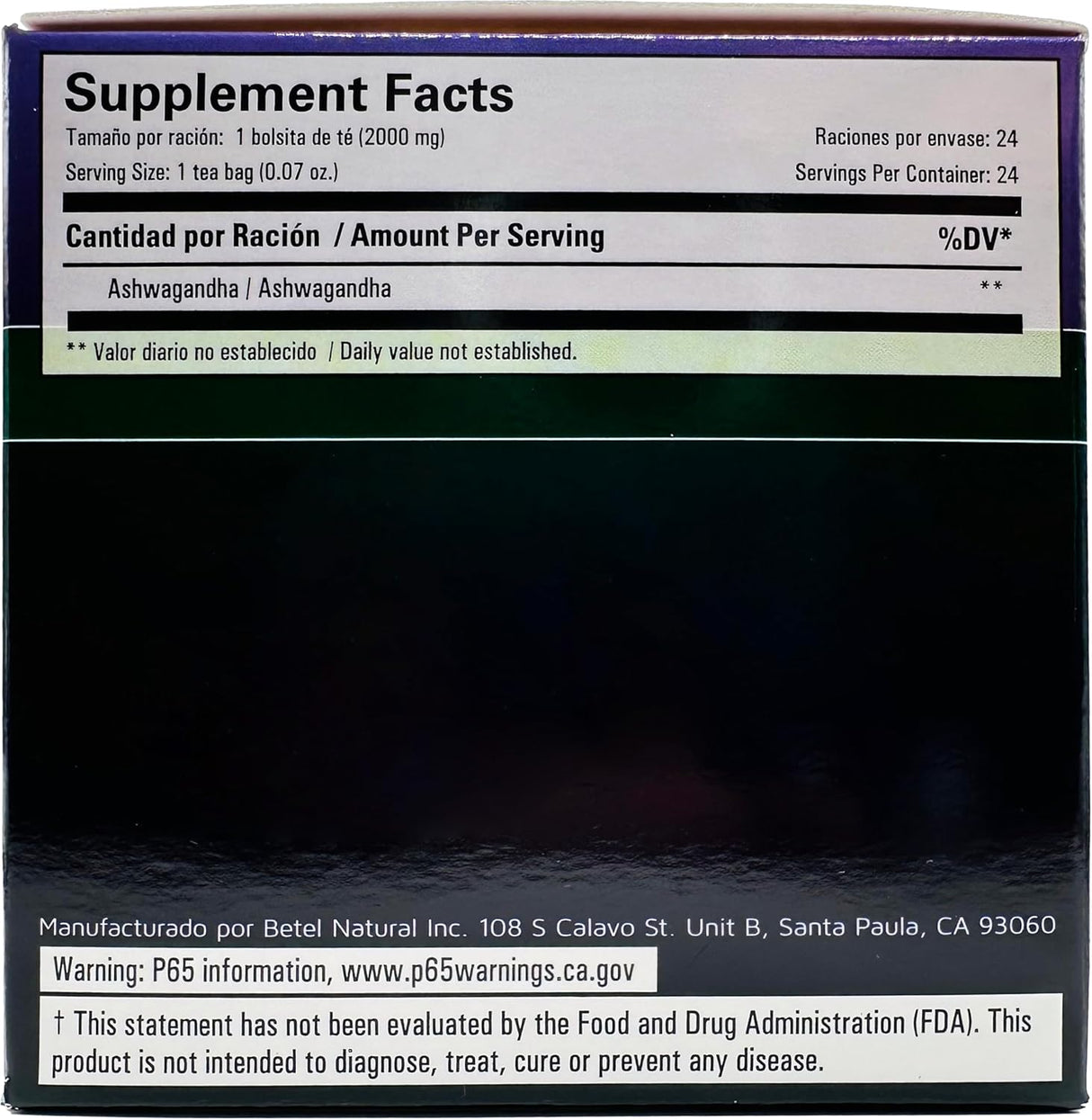 Té de Ashwagandha Natural Betel, 24 Bolsitas Relajantes