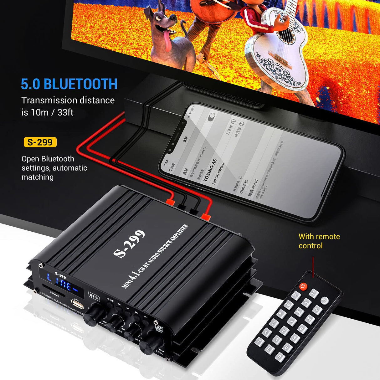 Amplificador de Audio Bluetooth 800W 4.1CH con Subwoofer Activo S299