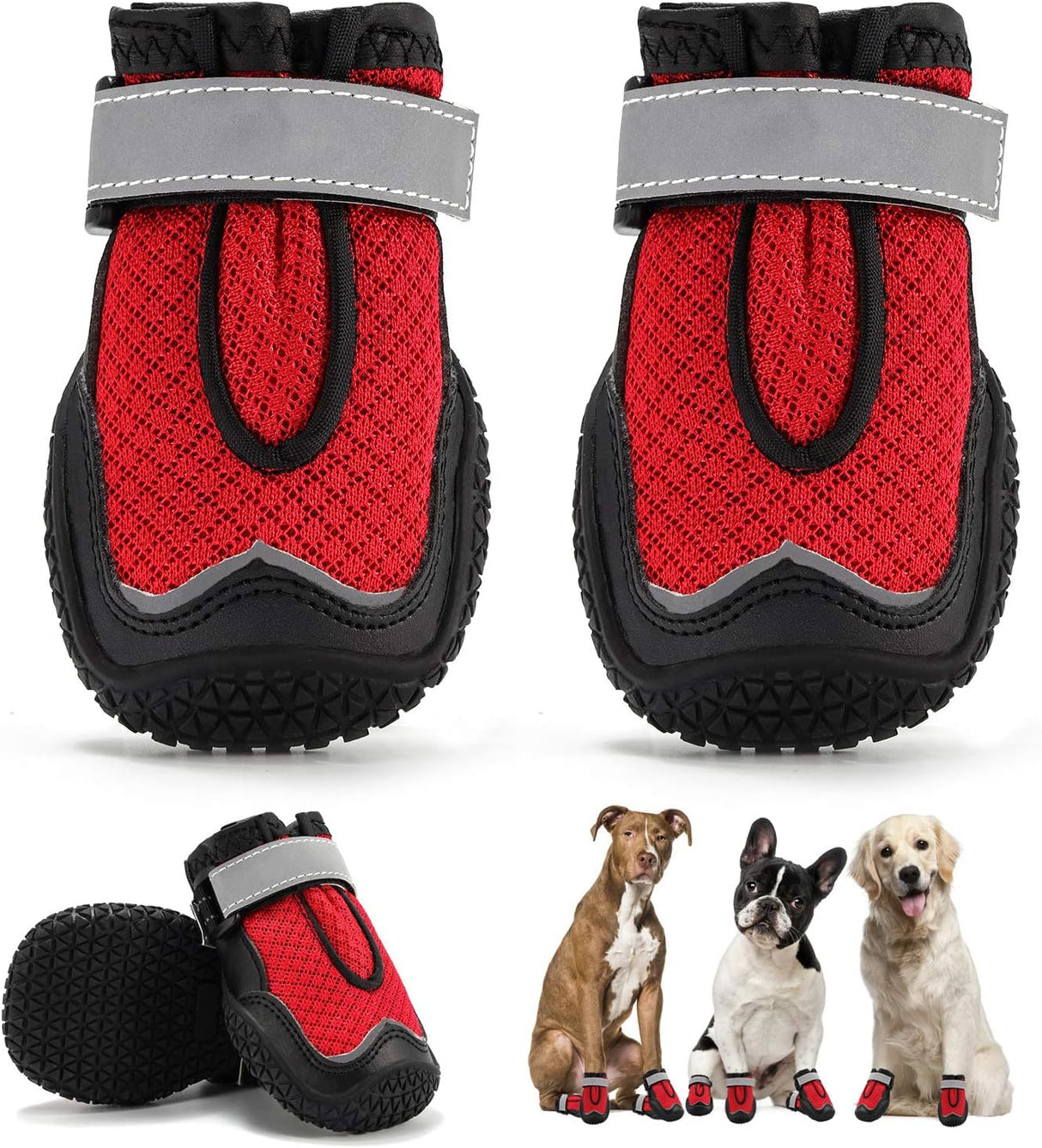 Hcpet Botas de perro transpirables para pavimento caliente, botines de perro resistentes al calor con correas reflectantes, protectores de patas para cachorros al aire libre con suela de goma para senderismo y correr