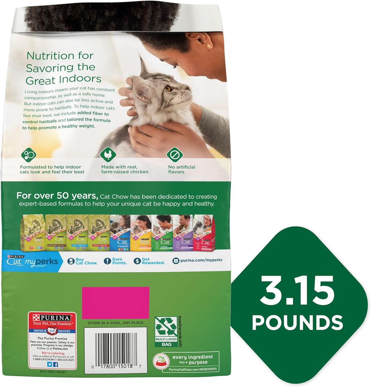 Purina Cat Chow Alimento seco para gatos de interior, bola de pelo + peso saludable (paquete de 4) bolsas de 3.15 libras