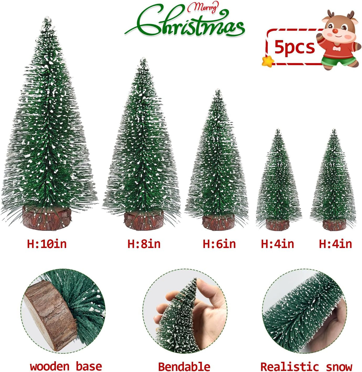 5 PCS Árboles de Navidad de Cepillo con Base de Madera
