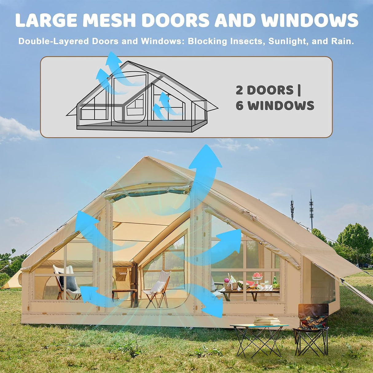 Tienda Inflable para Camping, Tienda Oxford 4-6 Personas, Con Chimenea