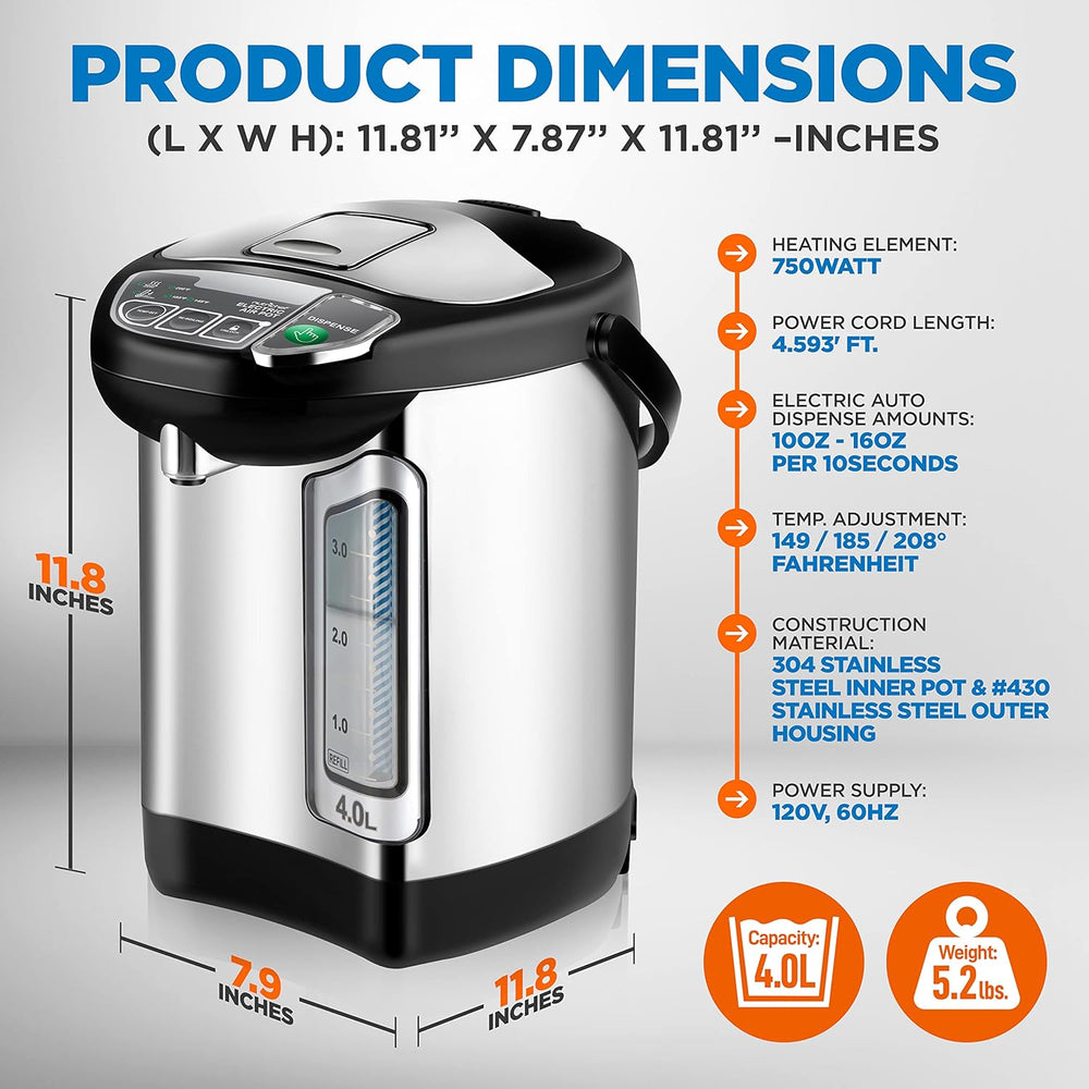 Dispensador de agua caliente de acero inoxidable de 4 l/4.23 cuartos NCHUB24