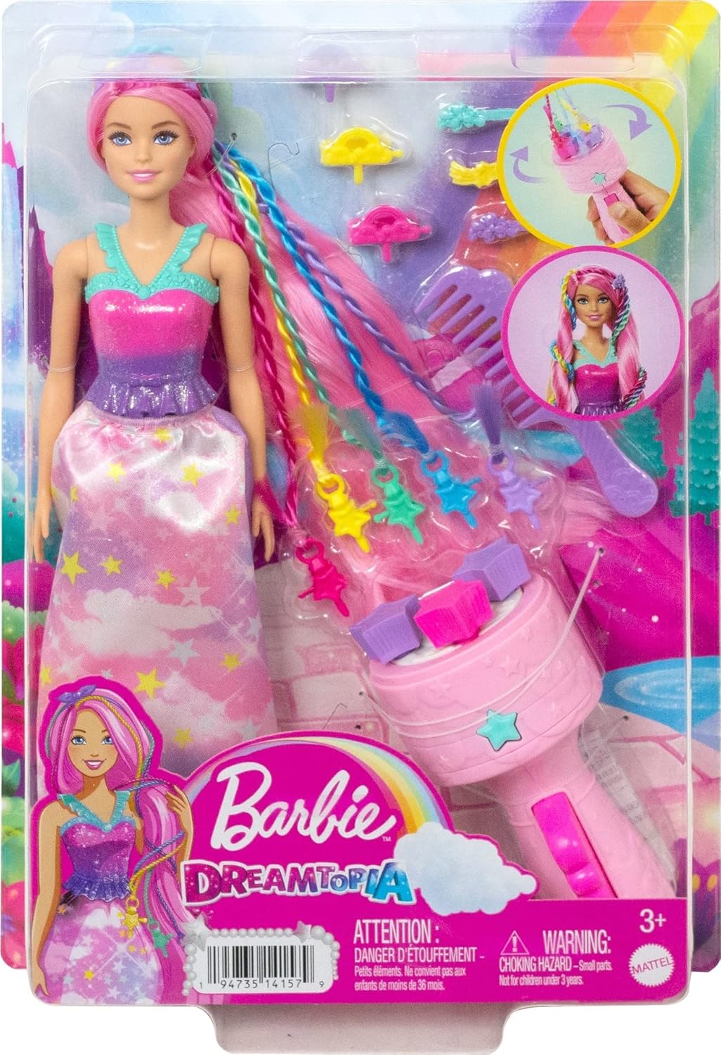 Barbie Dreamtopia Muñeca, Pelo Twist 'n Style, Extensiones y Accesorios