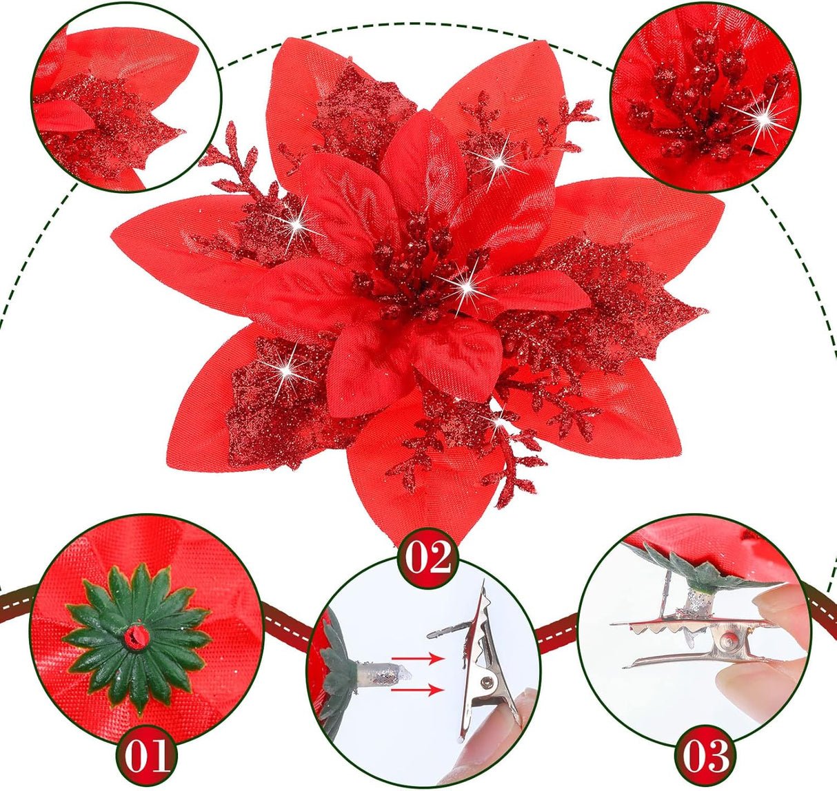 Flores Poinsettia Artificiales, 36 Pcs, Decoración Navidad