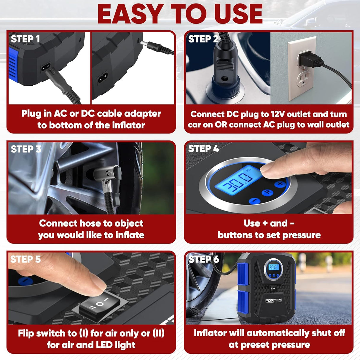Inflador de neumáticos de 150 PSI medidor digital FORTEM