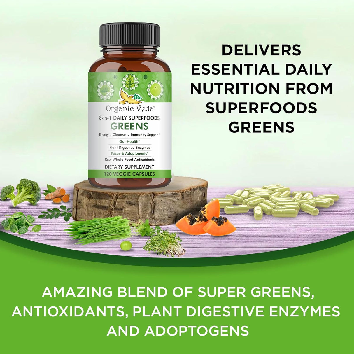 Cápsulas de Supergreens con 8 Verduras y Enzimas Digestivas