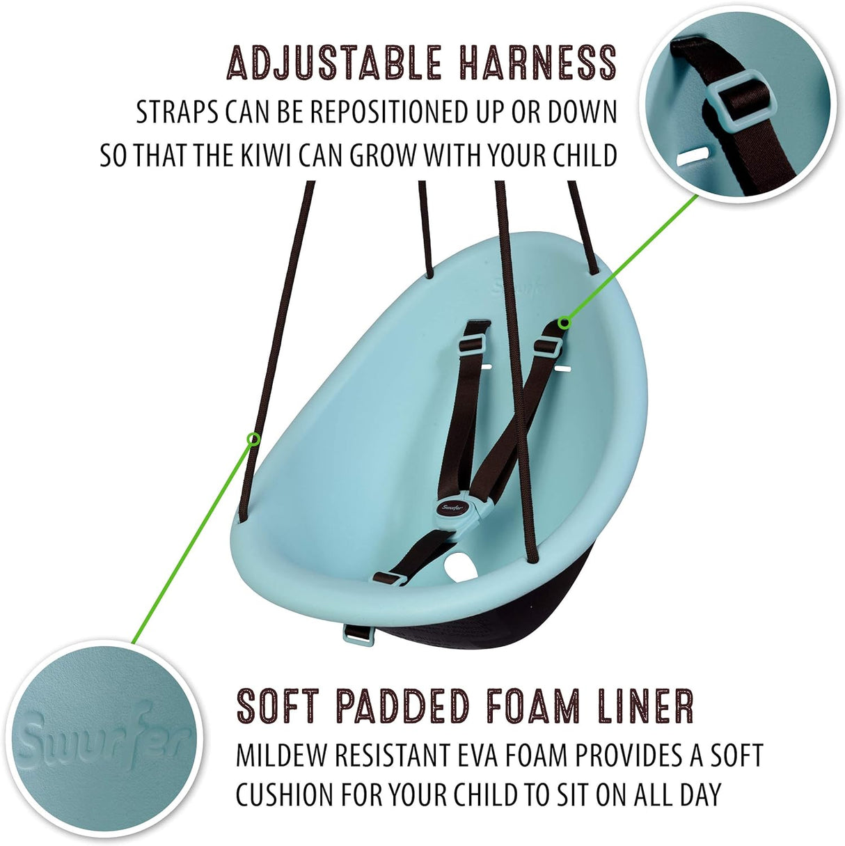 Swurfer Kiwi - Columpio para niños pequeños, cómodo columpio para bebé al aire libre, arnés de seguridad ajustable de 3 puntos, sistema de bloqueo seguro de clic rápido, carcasa forrada de espuma,