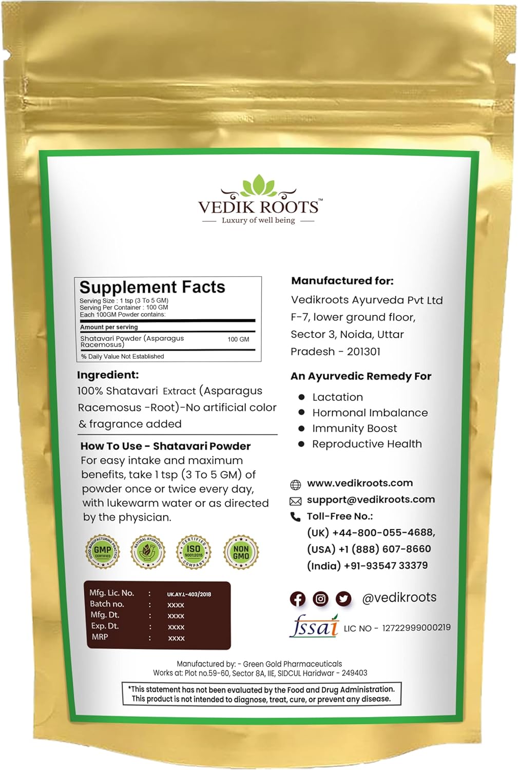 Pure Shatavari suplemento herbal para lactancia, 100g, Pack de 1