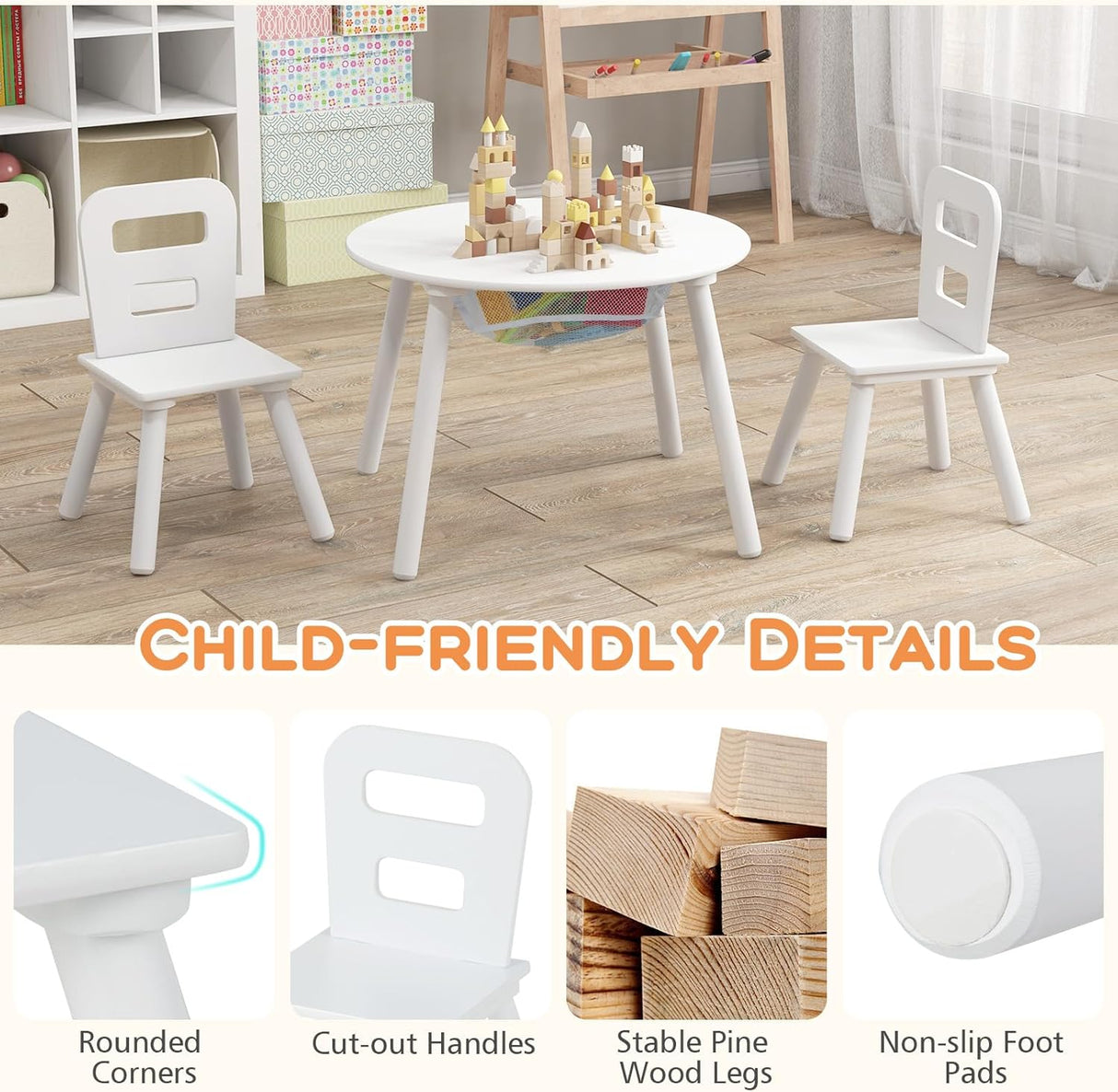 Juego de mesa y silla para niños de madera blanca