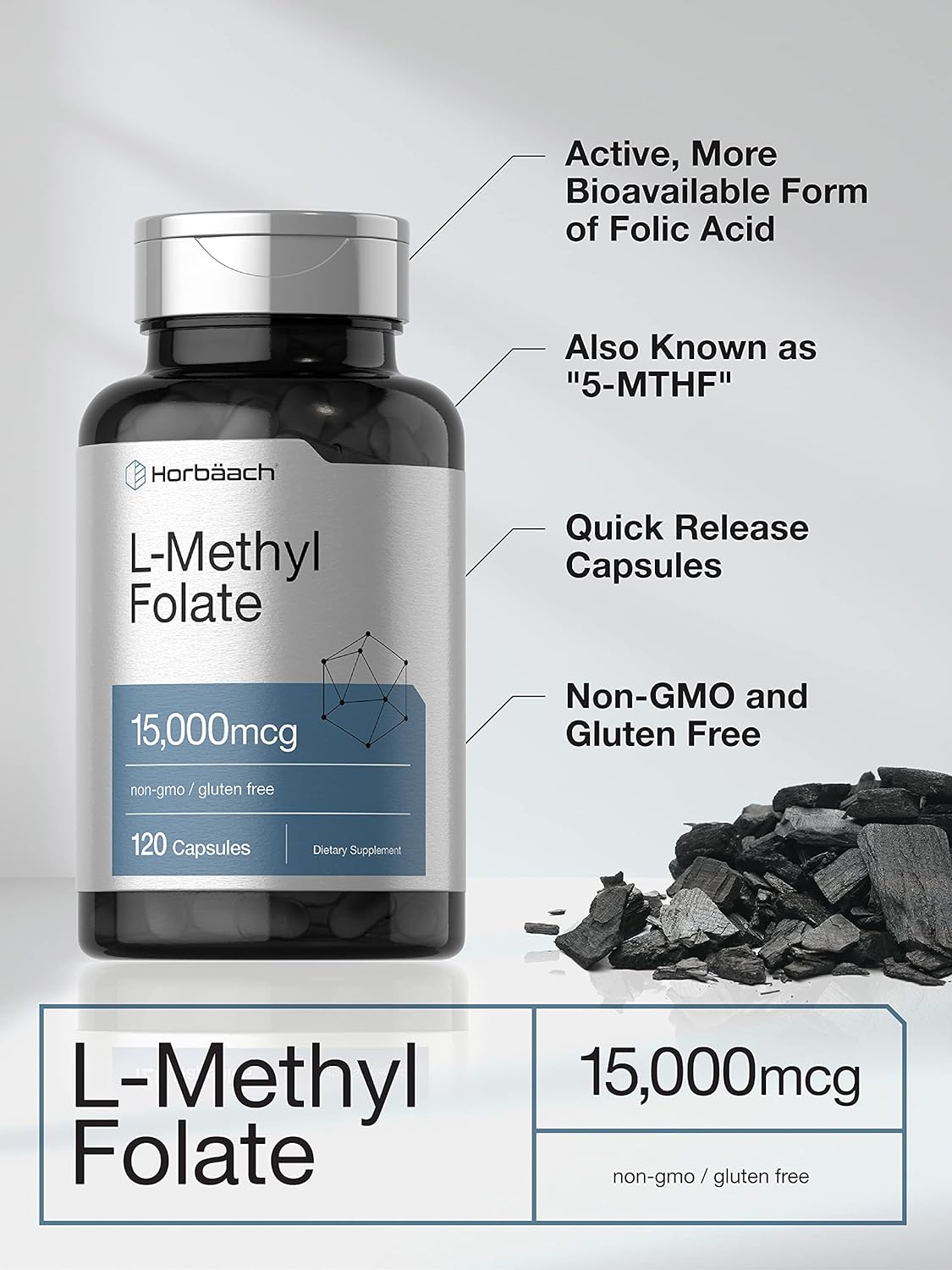 Suplemento Horbaach L Metilfolato 15000 mcg 120 Cápsulas