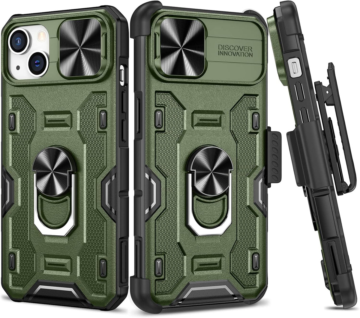 VEGO Funda para iPhone 13 con funda de clip para cinturón, cubierta deslizante para cámara y anillo magnético giratorio de 360°, soporte de grado militar, protección resistente para iPhone 13 de 6.1 pulgadas, color verde oscuro