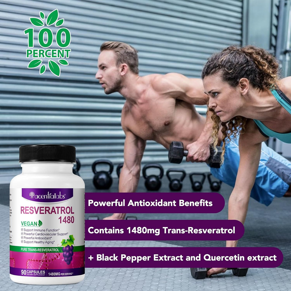 Suplemento Resveratrol 1,480 mg con quercetina 90 cápsulas