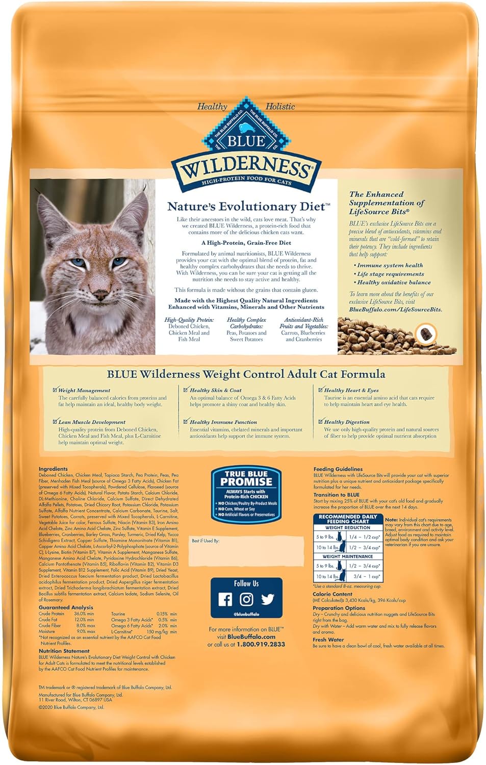 Blue Buffalo Wilderness - Alimento seco natural para gatos adultos con alto contenido de proteínas, control de peso, pollo, 11 libras