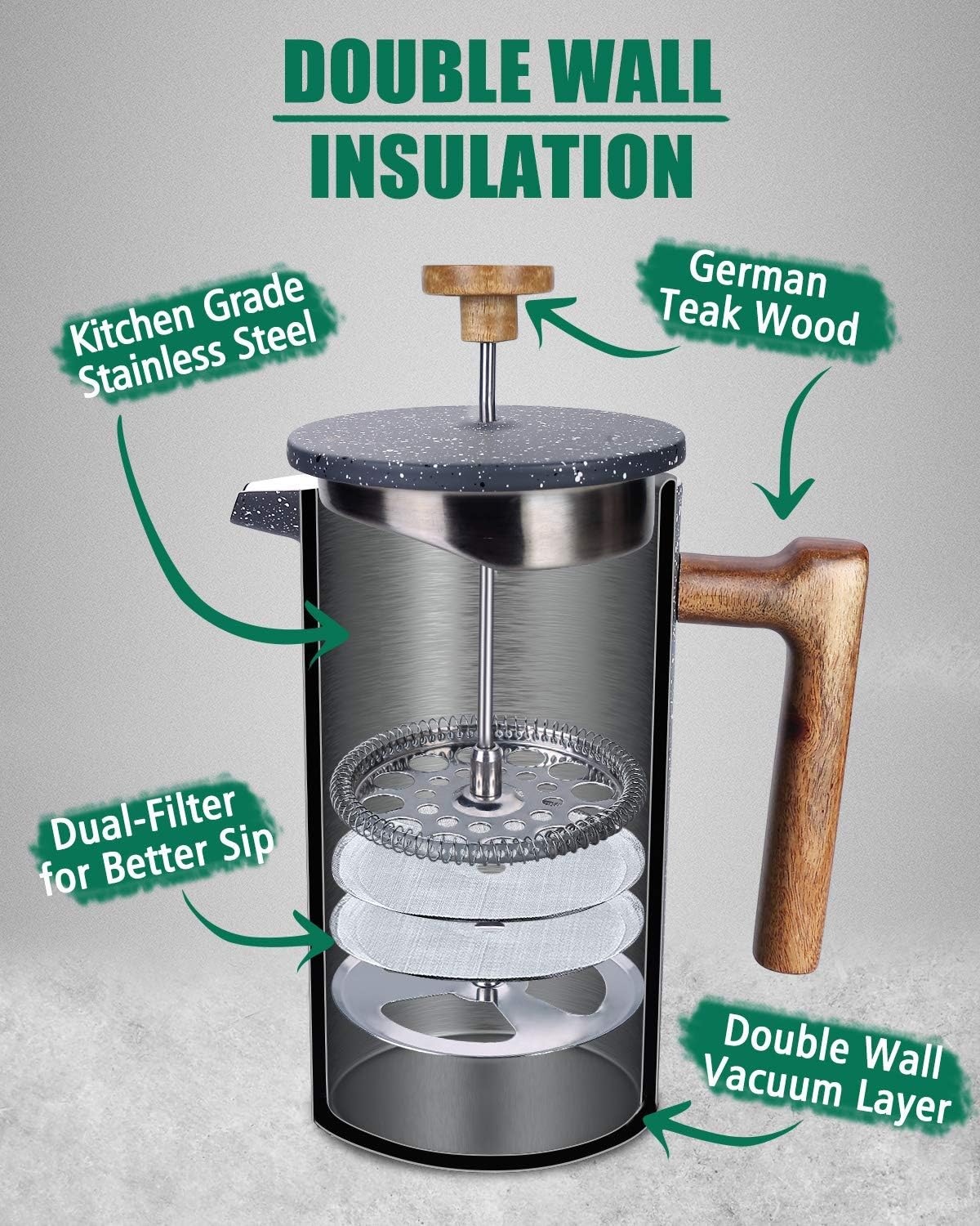 Cafetera de prensa francesa aislamiento de doble pared