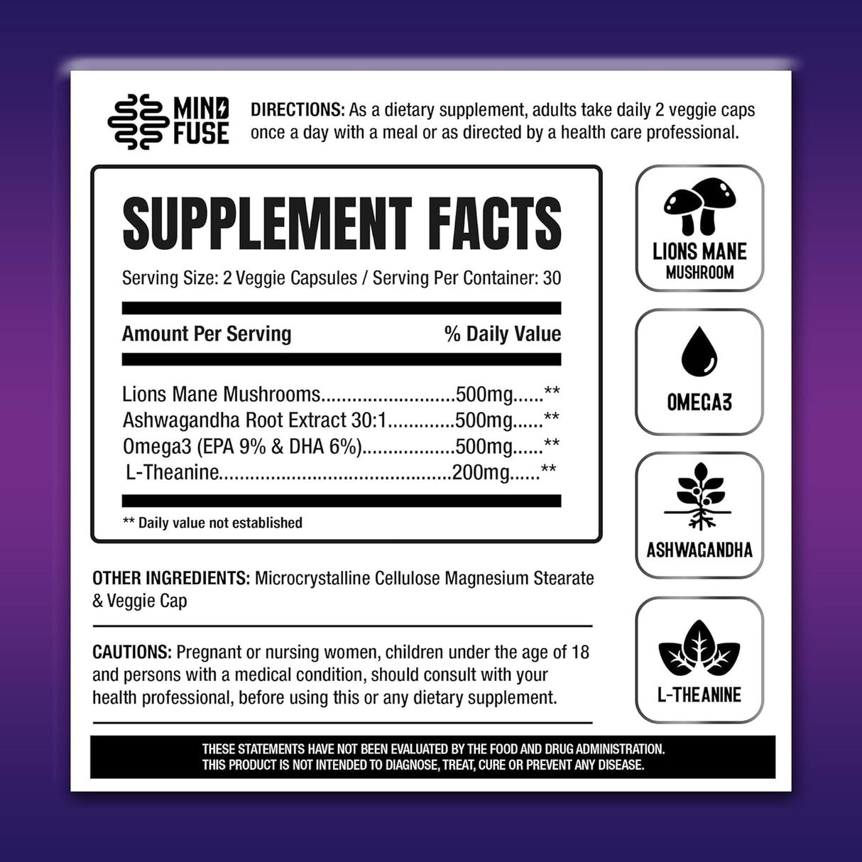 Suplemento Nootrópico Memoria - Lions Mane, Ashwagandha, Omega 3