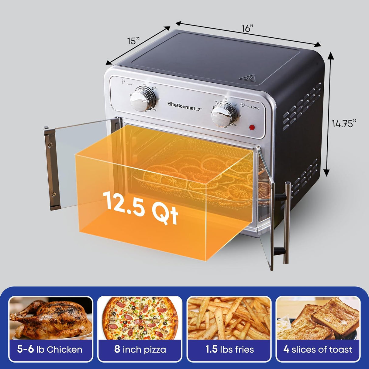 Elite Gourmet EAF1222SS - Horno freidora de aire con puertas