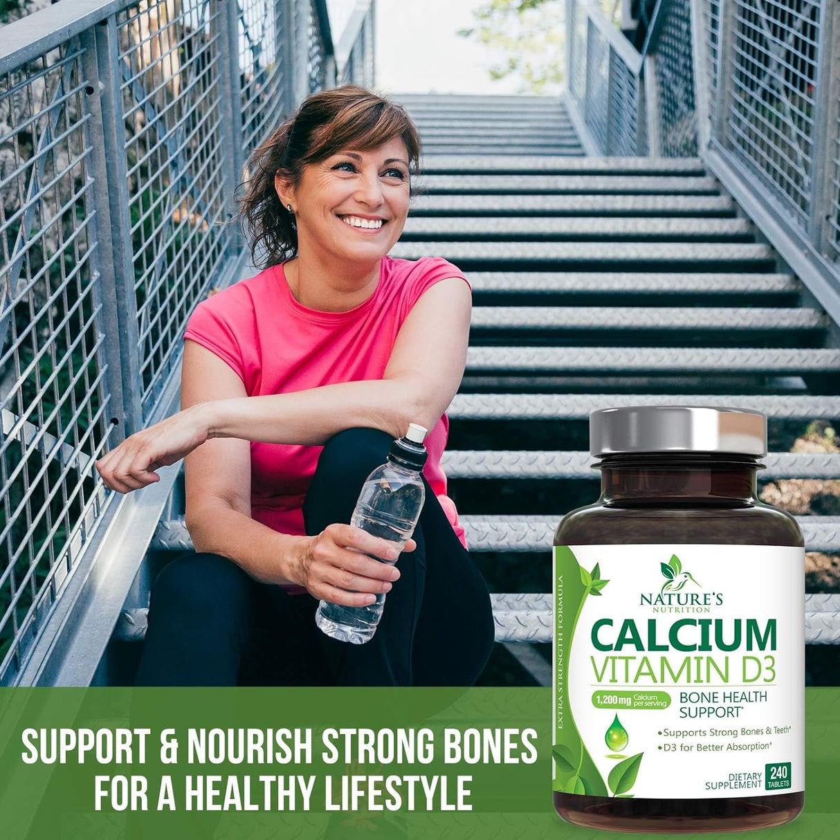 Suplemento Calcio 1200 mg más vitamina D3 salud ósea 240 u