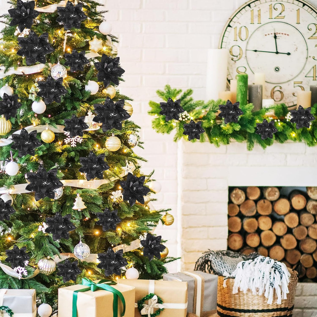 36 Piezas Flores Poinsettia Artificiales Navidad Clips 6/4/3 Pulgadas