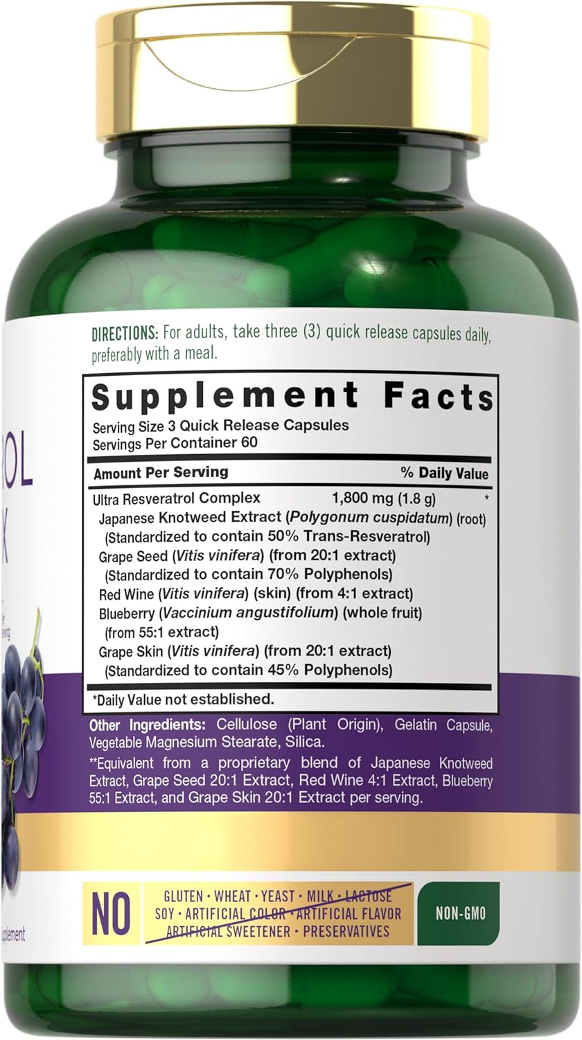 Suplemento Carlyle de resveratrol 1800 mg 180 cápsulas