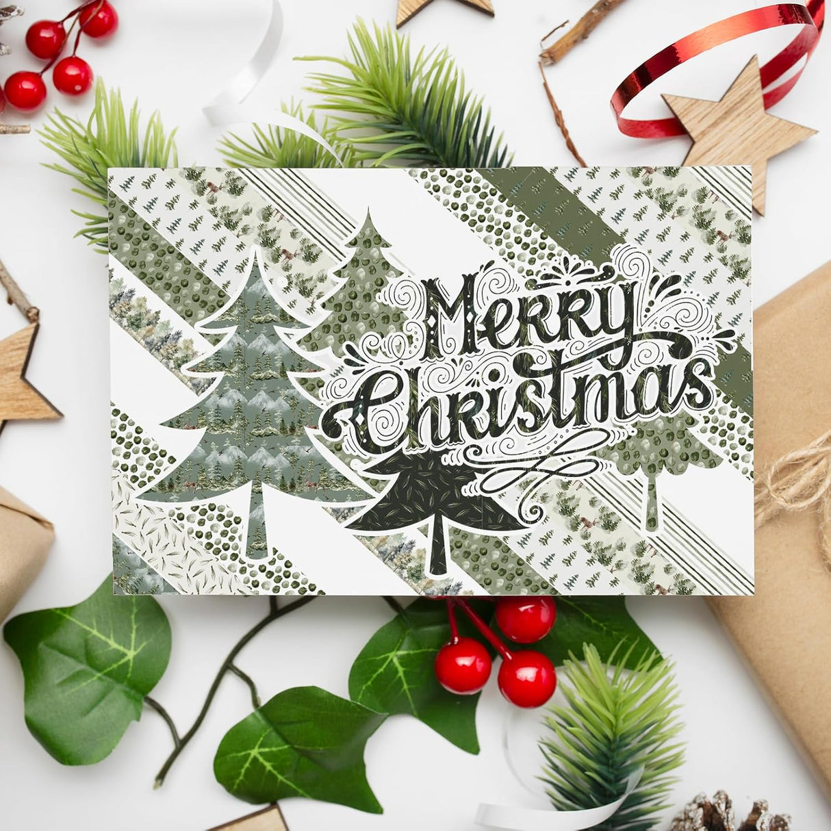 Whaline 12 rollos de cinta Washi de bosque de Navidad, acuarela, bosque, vegetación, plantas, árboles verdes, cinta adhesiva decorativa para Navidad, álbumes de recortes, diario, calendario, manualidades, envoltura de regalos