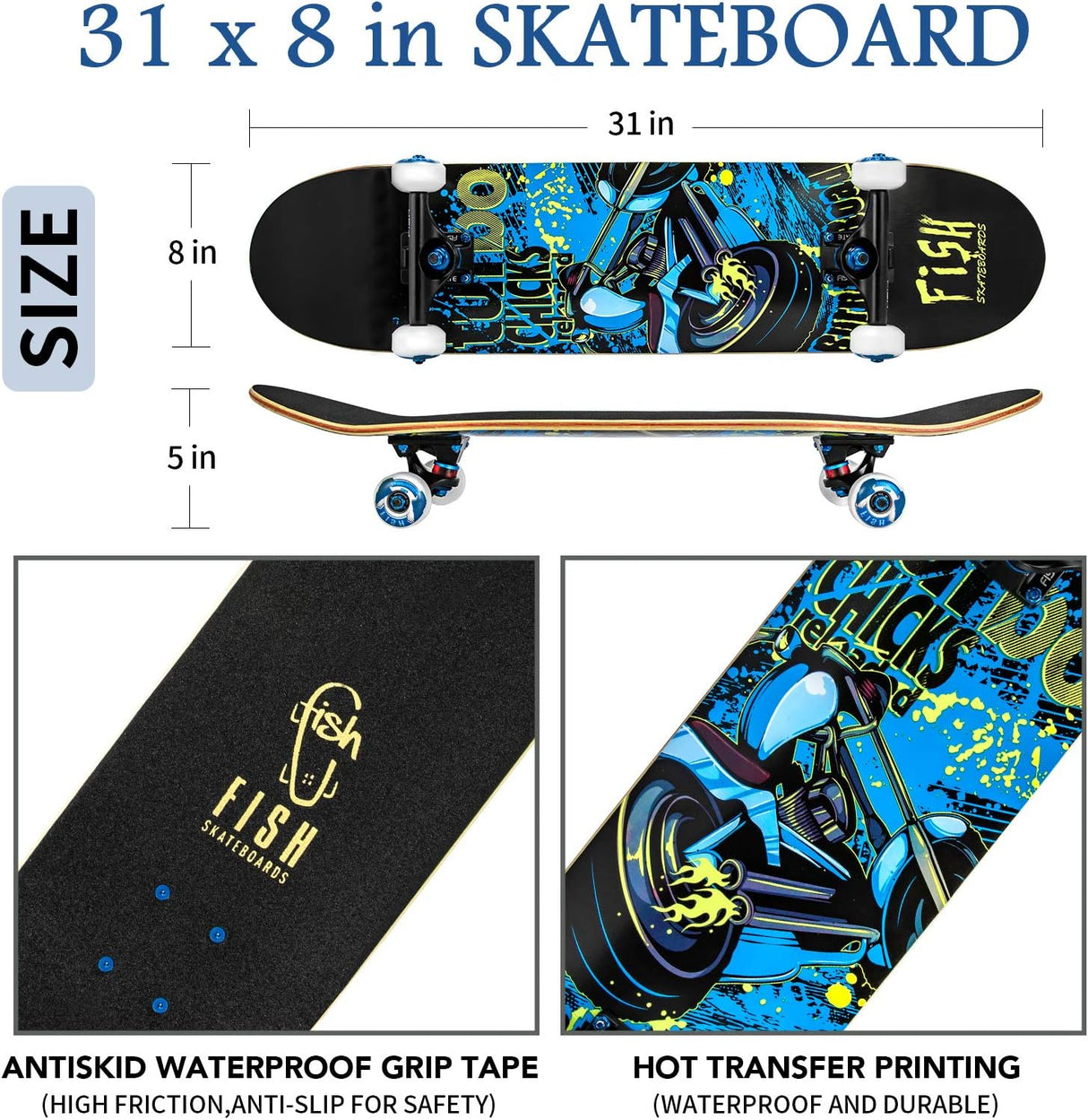 Skateboard Completo 31"x8", 7 Capas, Doble Kick, Cruiser