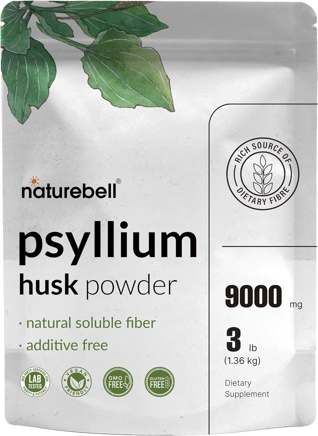 Psyllium Husk Powder 3 Lbs NatureBell, Sin aditivos, Gluten Free