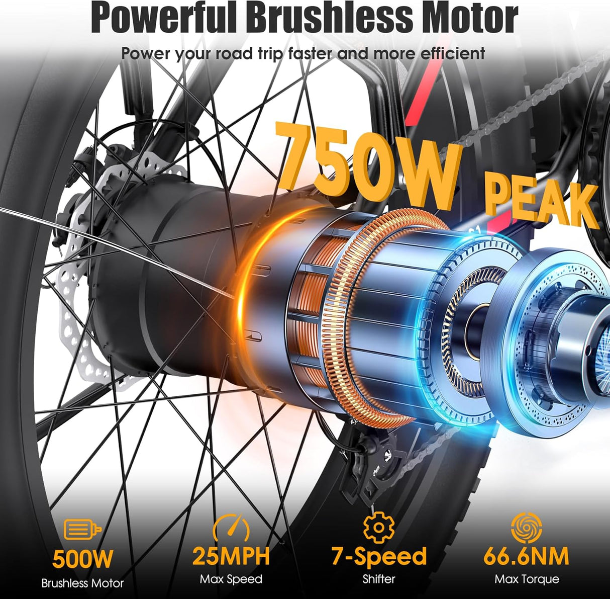 Bicicleta Eléctrica Peak 750W, 25MPH, 60M, 48V 13AH, 7 Velocidades