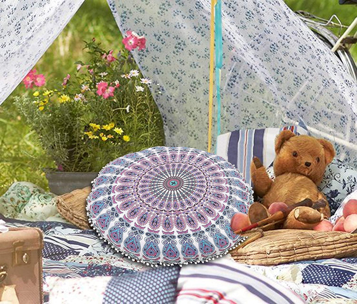 Funda bohemia para cojín, de 32 pulgadas, con diseño de mandala, para meditación, decorativa, otomana, grande, para exteriores, decoración del hogar, decoración de arte en el hogar, redonda, con pompones de algodón, cómoda