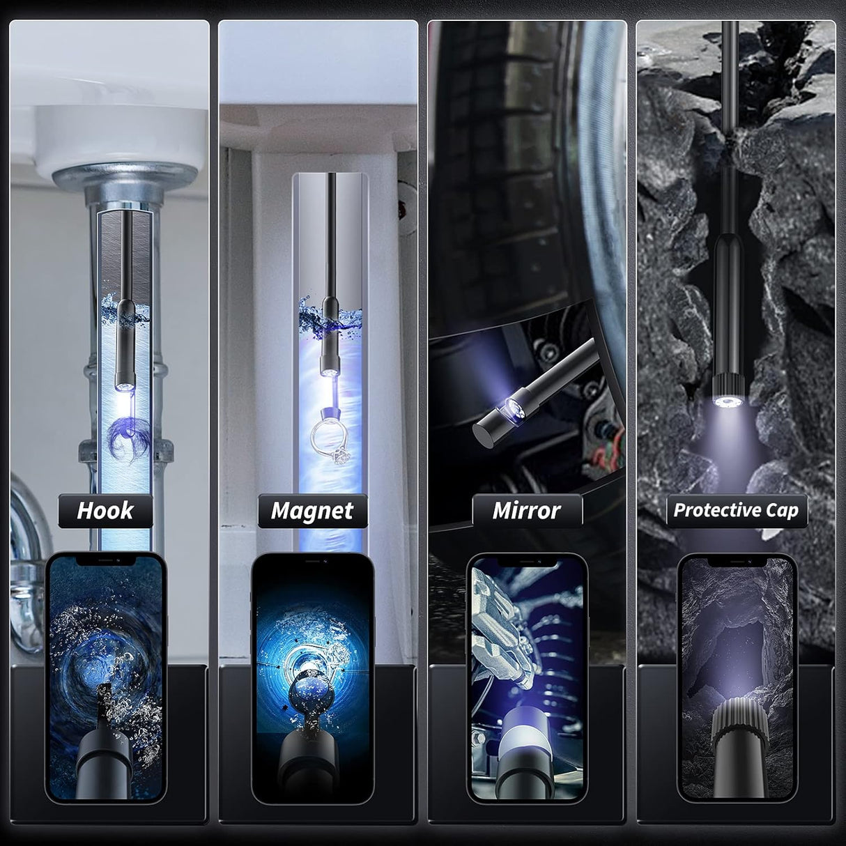 Cámara de serpiente, inspección de boroscopio, 8 luces.