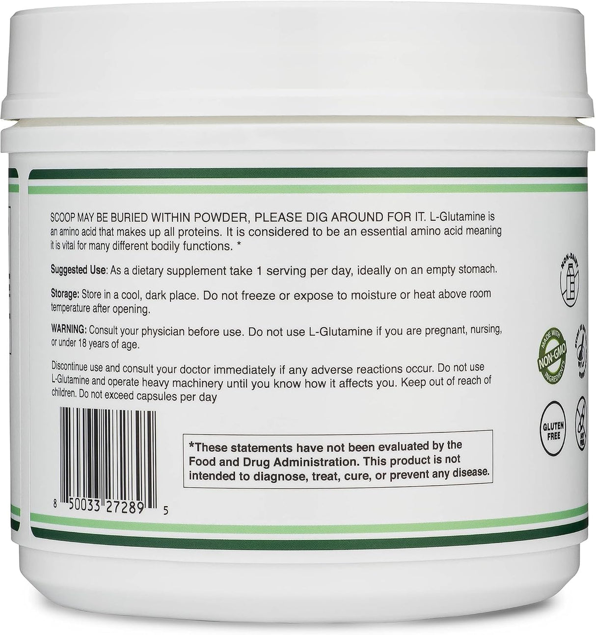 L-Glutamina en polvo 1.1lbs Double Wood, Keto, Vegano, 100 Serv.