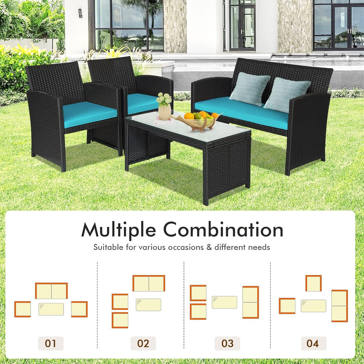 Goplus Juego de muebles de ratán para patio, 4 piezas, sofá y mesa de mimbre para exteriores con cojines suaves y mesa de centro de vidrio templado para balcón, jardín, patio trasero (turquesa)