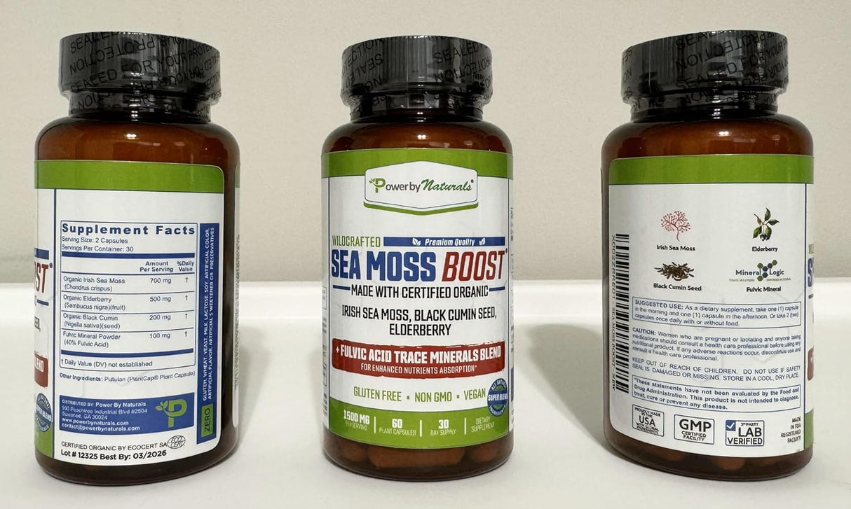 Power By Naturals Sea Moss Cápsulas Orgánicas con Aceite de Semilla Negra y Elderberry