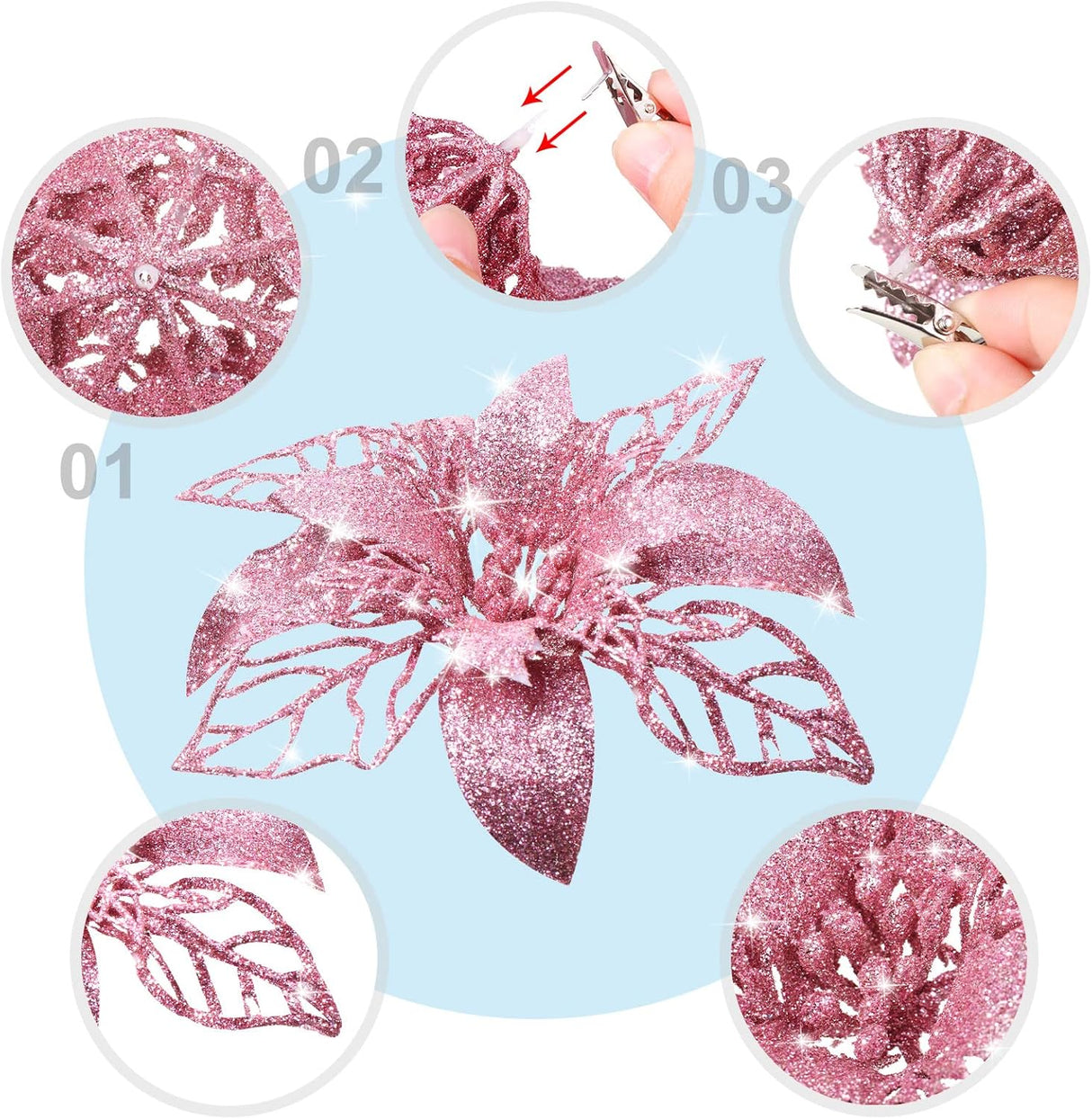 Flores Poinsettia Artificiales Boao 24 Piezas Decoración Navidad