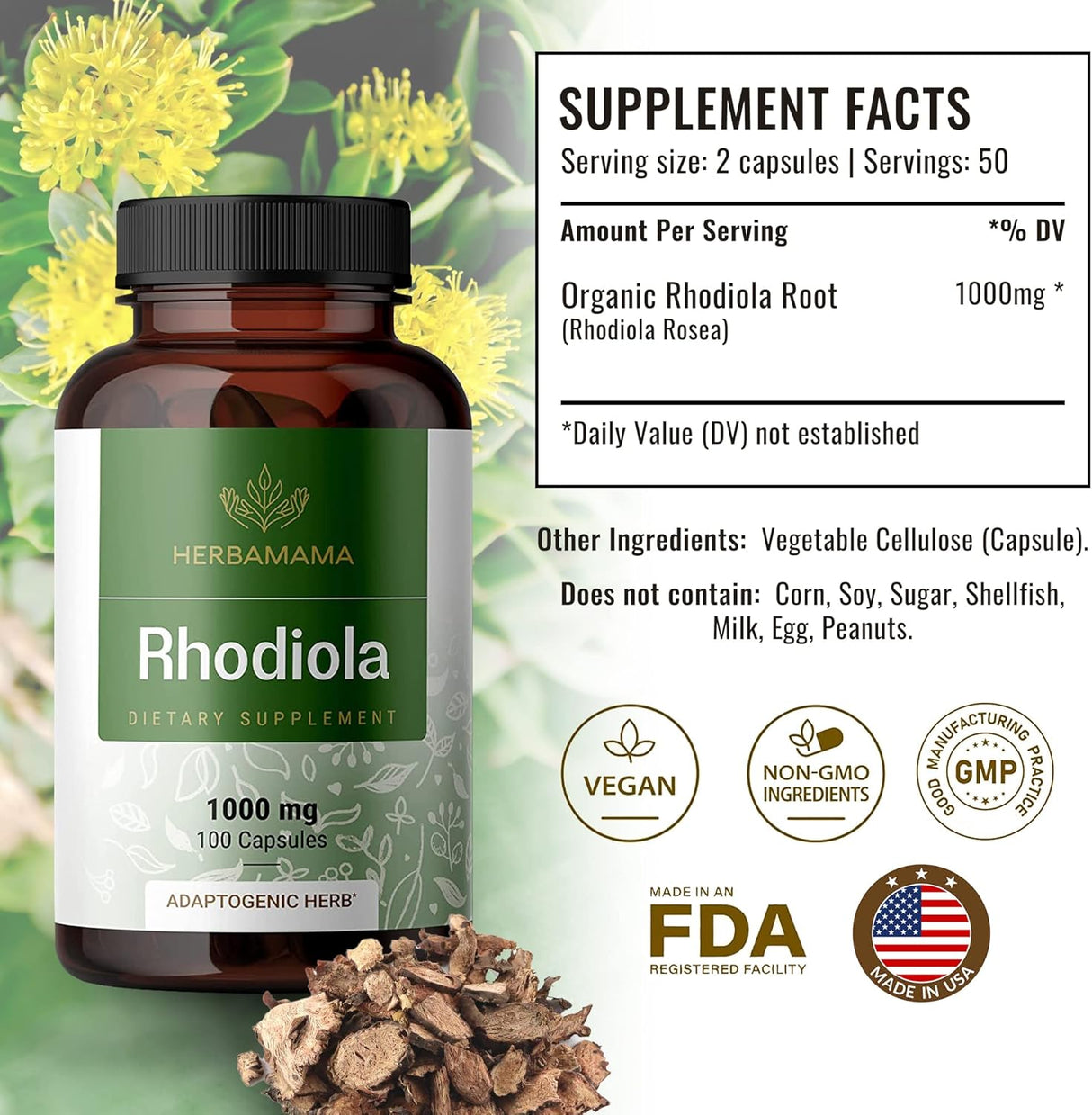 Suplemento Rhodiola Rosea Cápsulas orgánico de hierba 100und