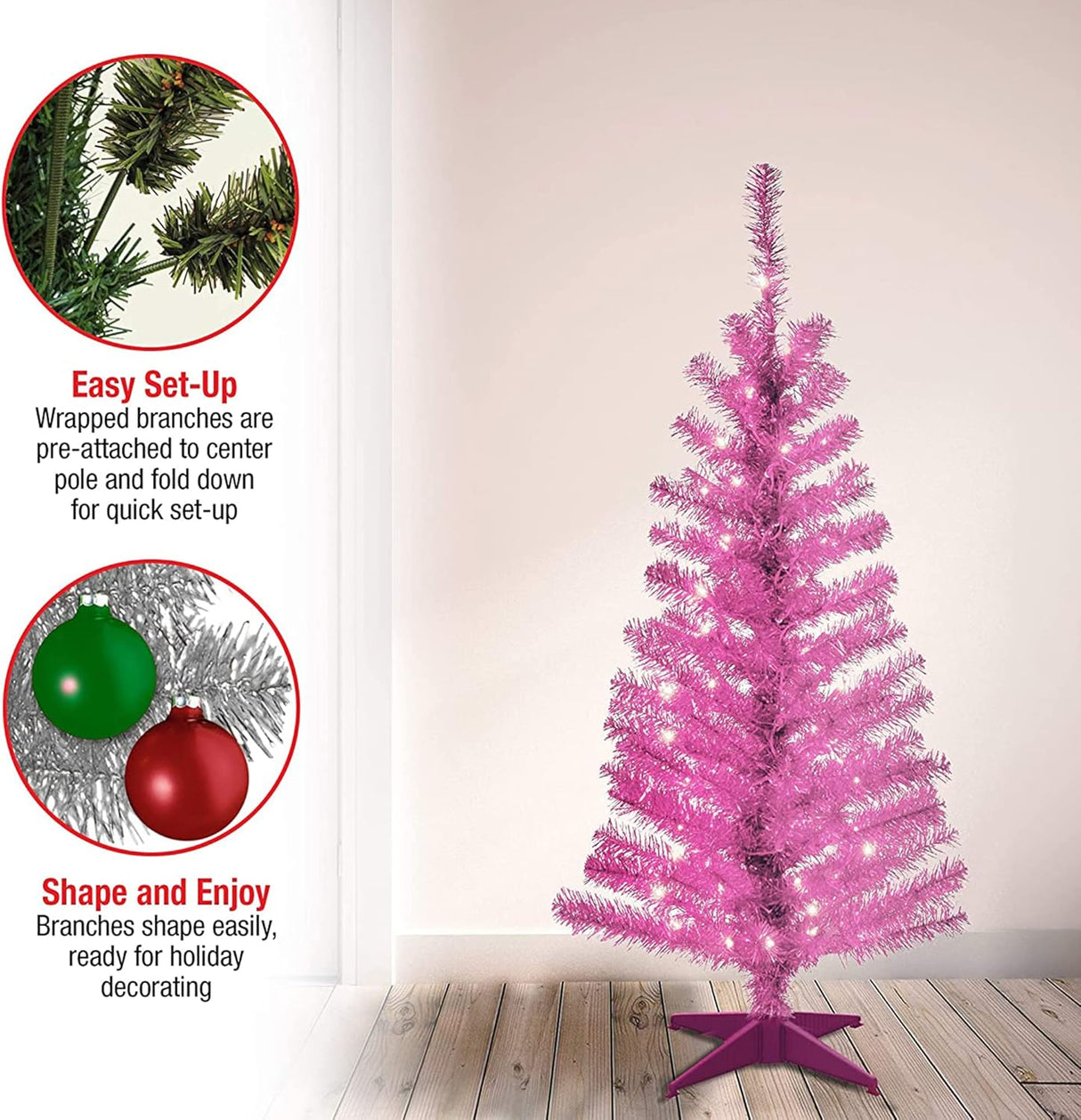 Árbol de Navidad Artificial Preiluminado, Tinsel Rosa, 4 pies