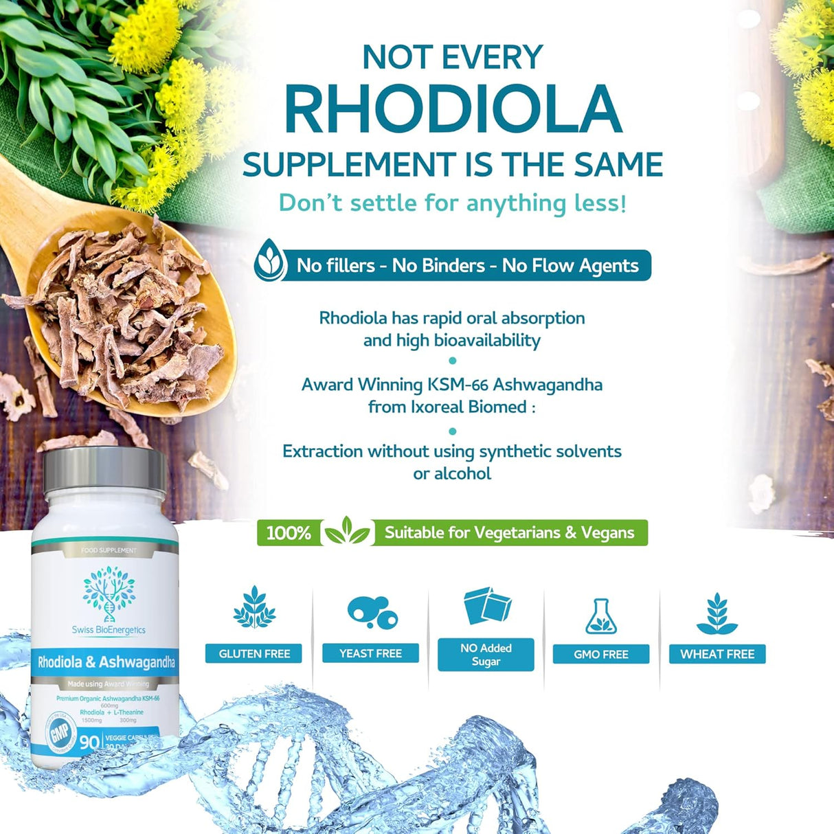 Rhodiola y Ashwagandha KSM-66 600mg - Adaptógeno Natural