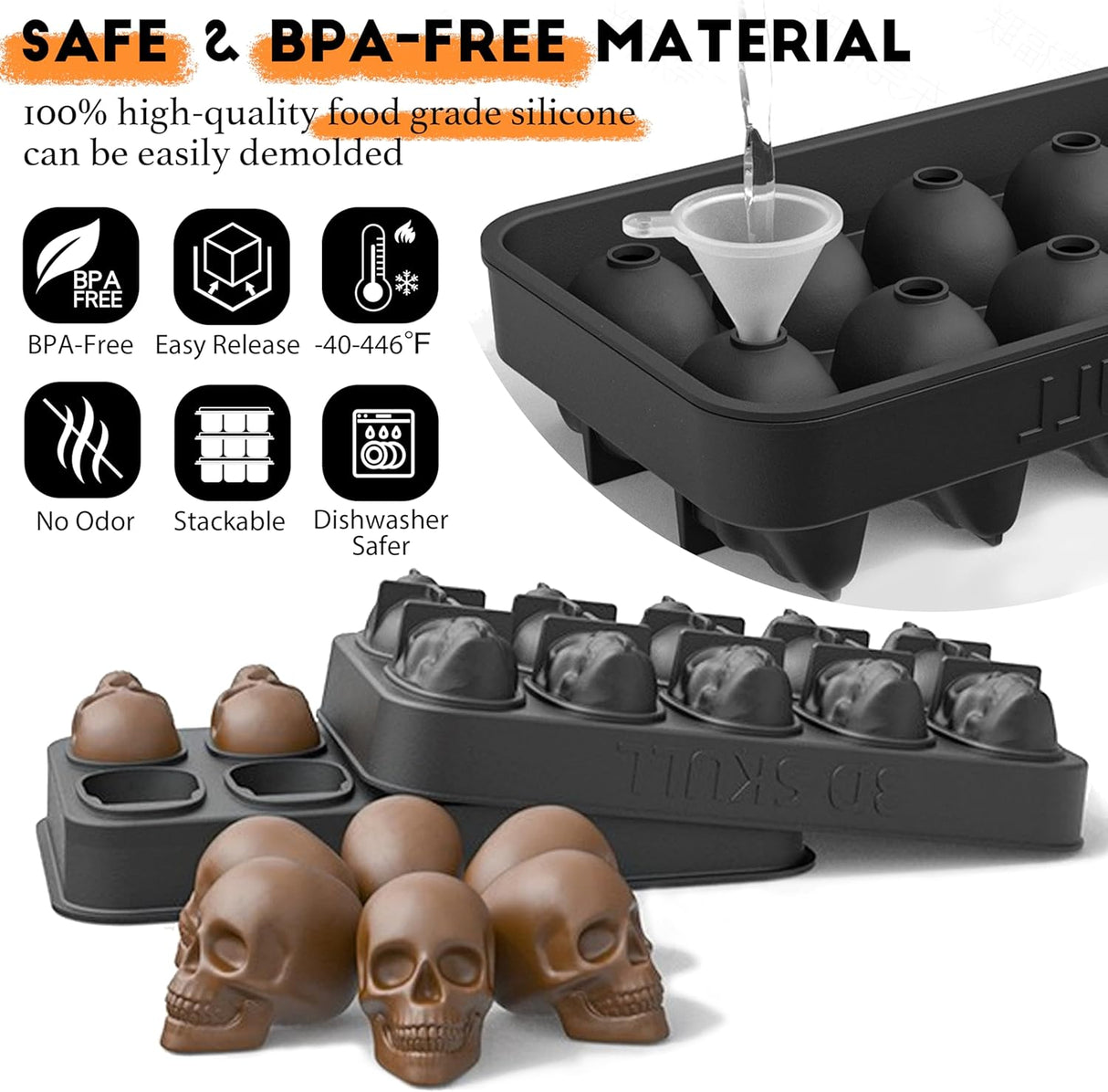 Molde de Hielo Calavera 3D, BPA-Free, 10 Cavidades, Halloween