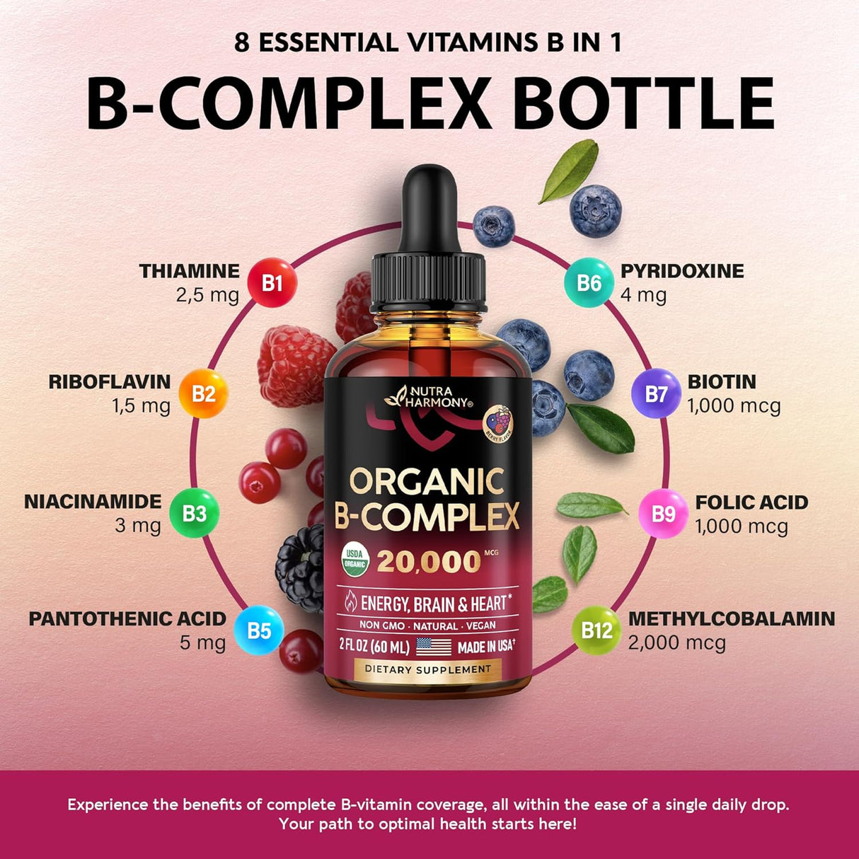 Vitaminas orgánicas 8 en 1 del complejo NUTRAHARMONY