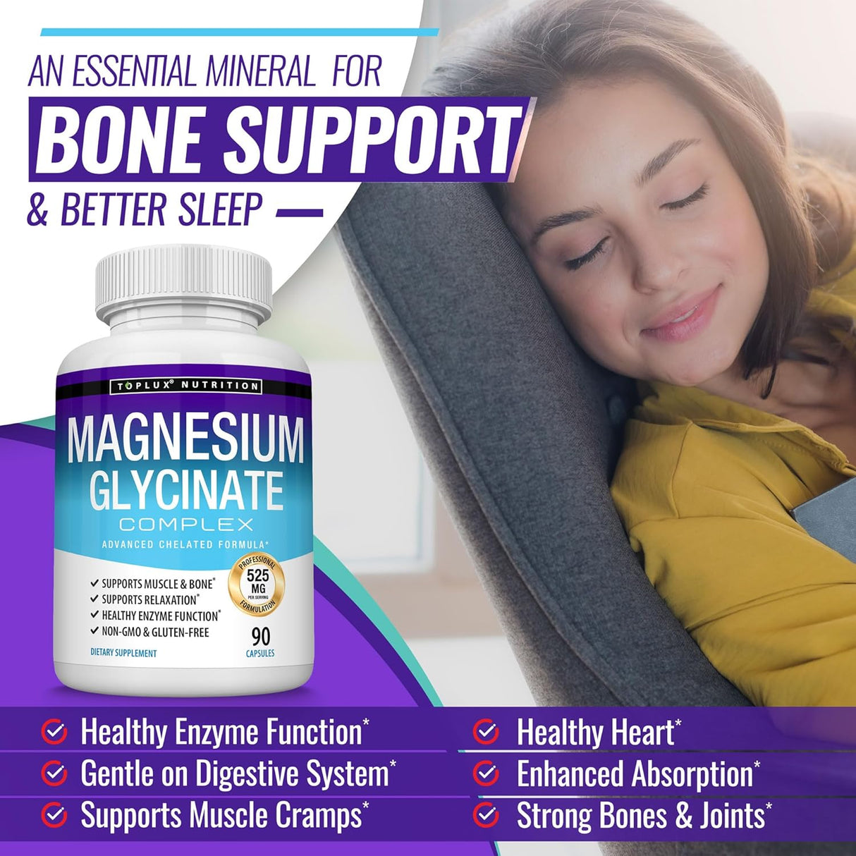 Magnesio Glicinato 525mg - Suplemento de Alta Absorción Vegan