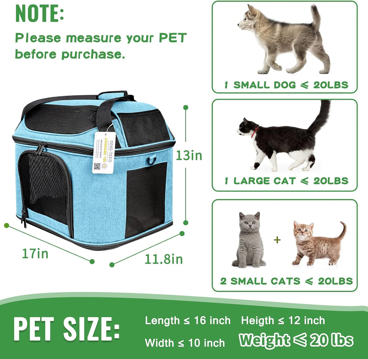 Transportadora para 2 Gatos, Oeko-TEX, Aprobada TSA, 20 lbs