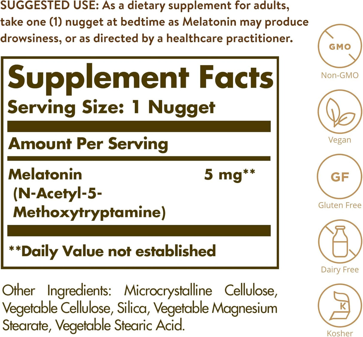 Melatonina Solgar 5 mg, 120 Nuggets, Vegano, Sin Gluten