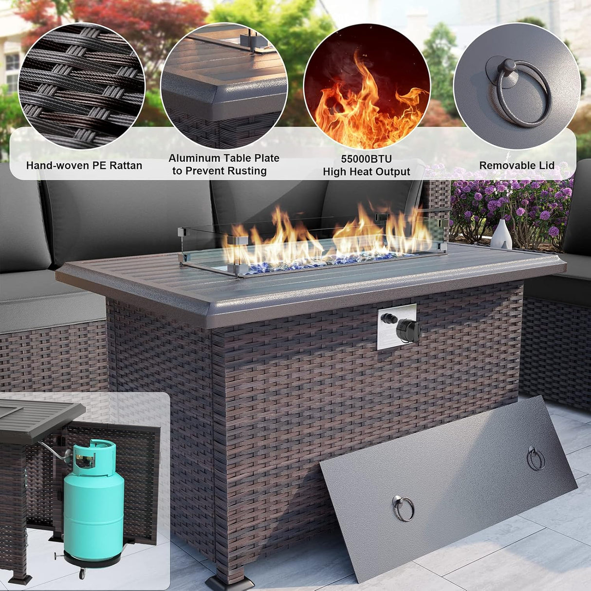 ALAULM Juego de 15 muebles de patio para exteriores con mesa para fogata de propano, juegos de sofás seccionales para exteriores, muebles de patio, fogata de gas de 43 pulgadas, juego de conversación de ratán de polietileno marrón con 12 cojines (gris)