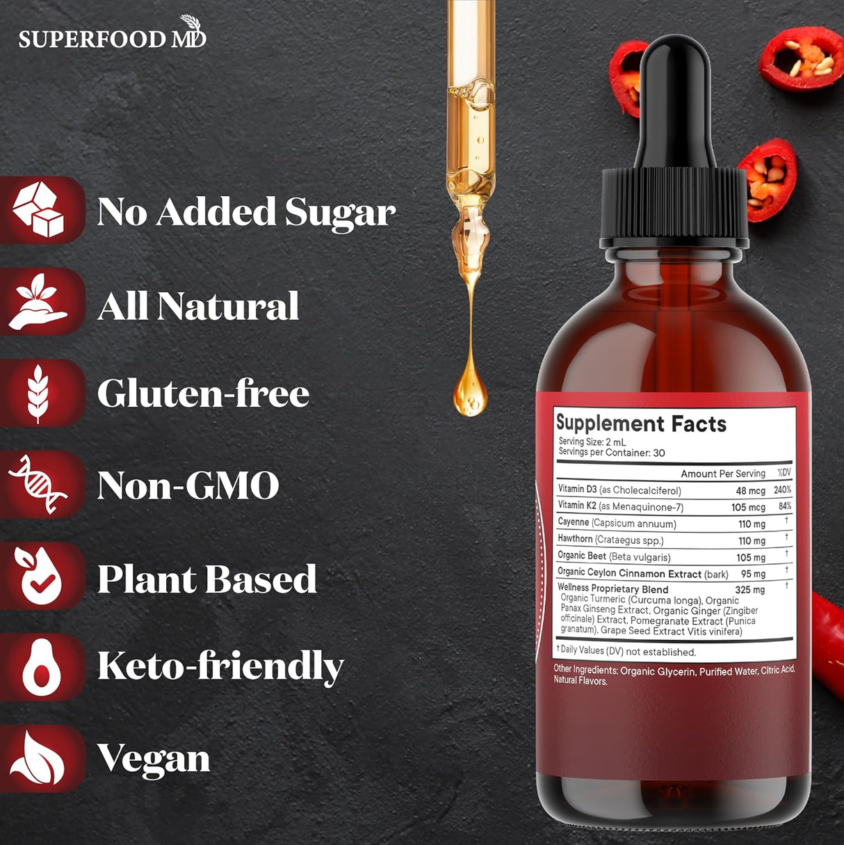 Suplemento Líquido Cayena + Baya de Sauco, D3 K2, Remolacha, Ceylon, Cúrcuma, Ginseng 4 OZ