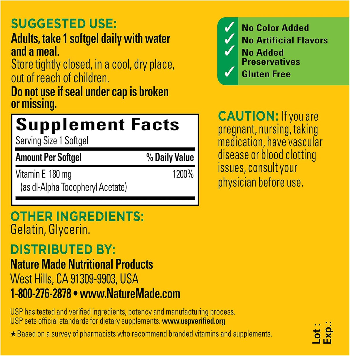 Suplemento Vitamina E 180 mg (400 UI) dl-alfa 100 cápsulas